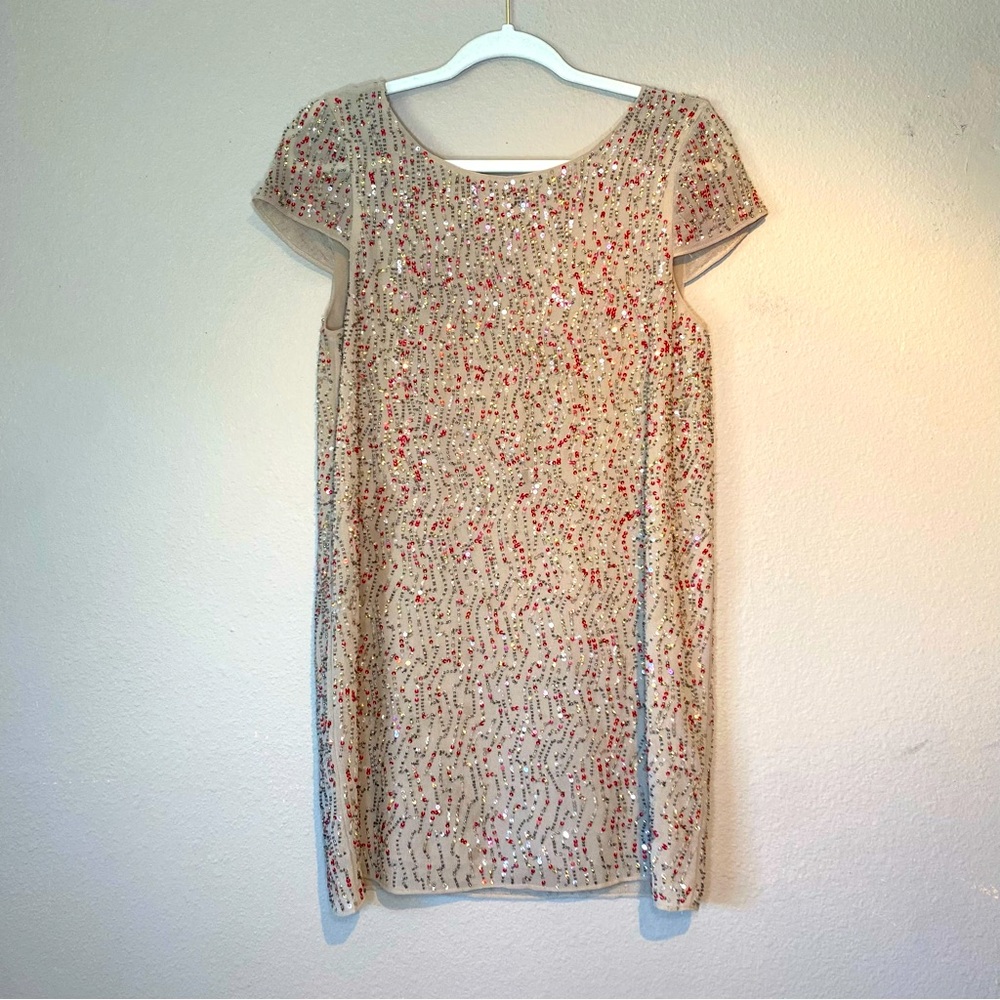 Zara Womens Beaded Sequin Mini Dress Size XS Tan Red Party Romantic Sparkly